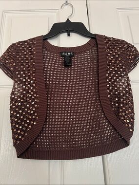 Vintage BCBG Copper Shimmering Brown Sequined Cropped Open Knit Bolero Shrug